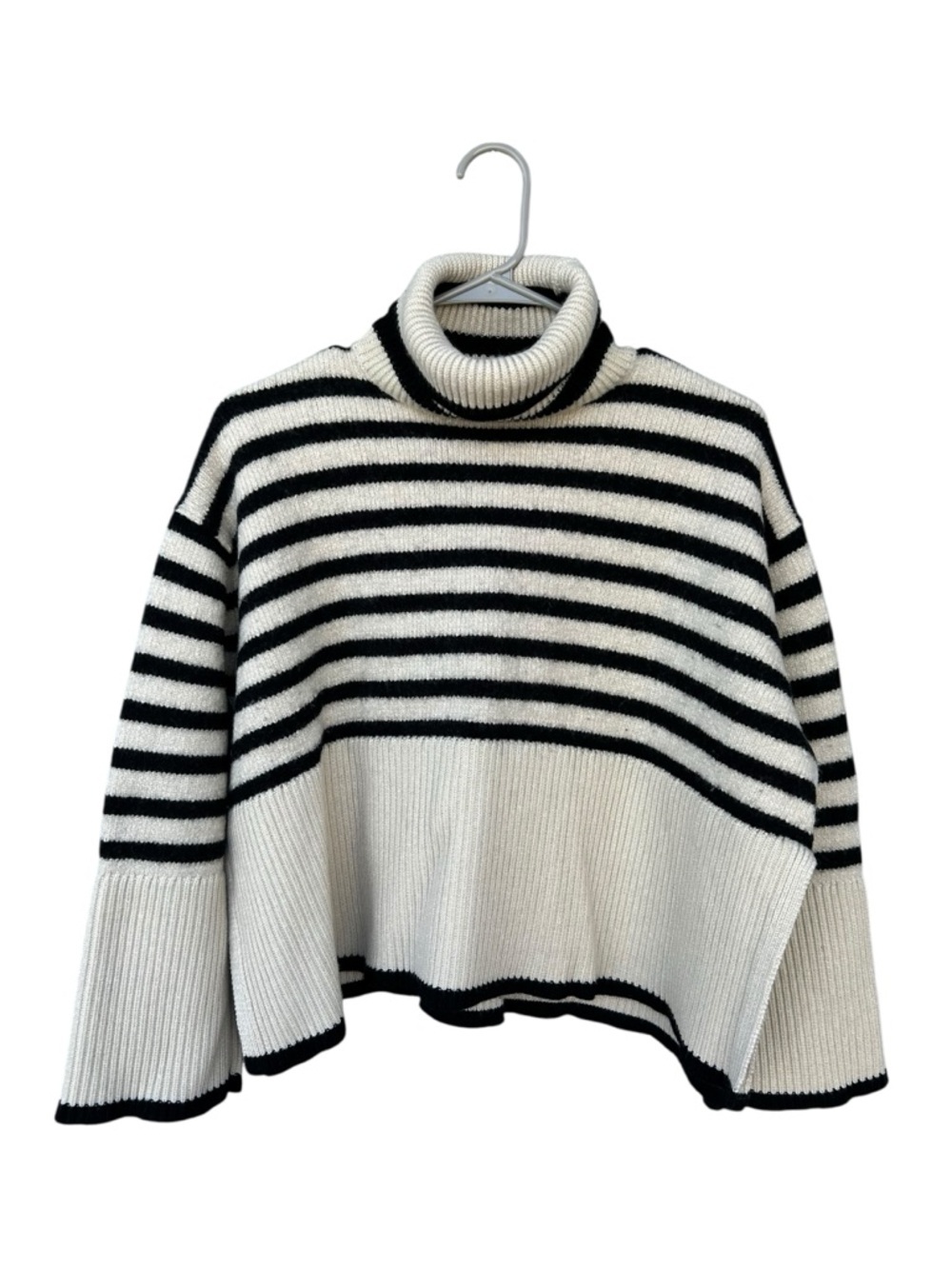 TOTEME BLACK AND WHITE WOOL- COTTON SIGNATURE STRIPE TURTLENECK SWEATER SIZE M - Picture 3 of 12